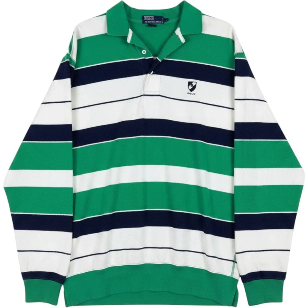 Polo Ralph Lauren Rugby Shirt XL Green Navy White Striped Long Sleeve Preppy